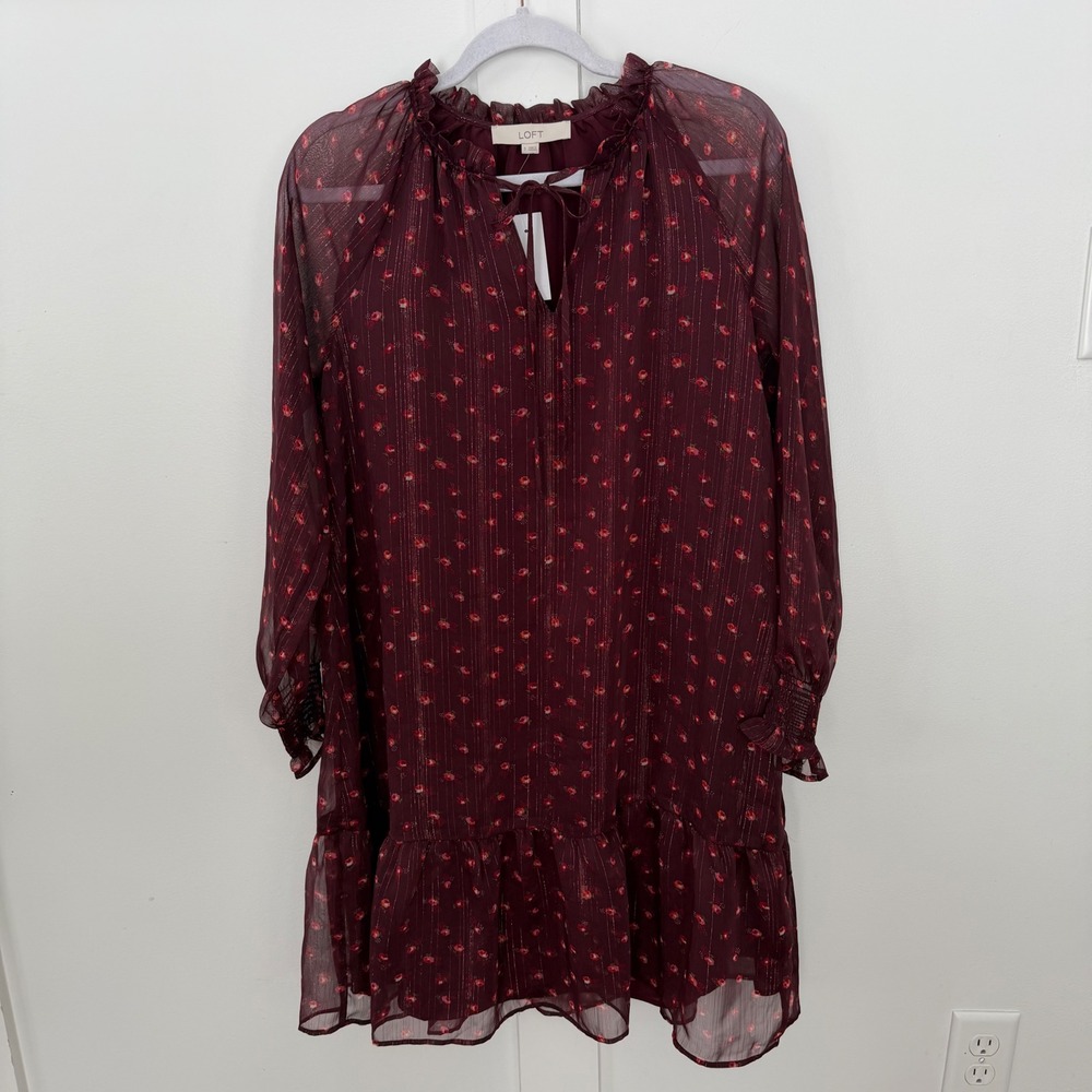 NEW Loft‎ Burgundy Red Floral Sheer Flounce Dress Long Sleeve Drop Waist S NWT